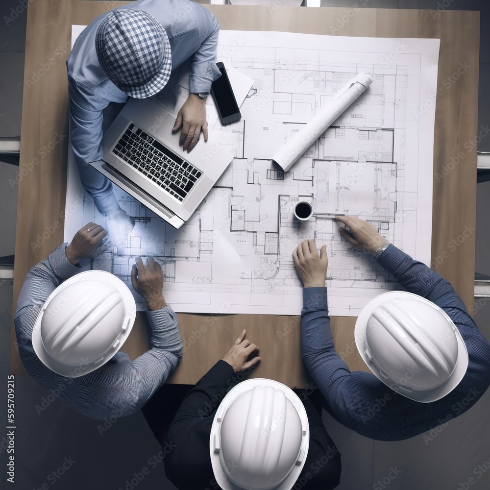 Poster top view workers on construction site. project blueprint while on the job site using a partner's mod
