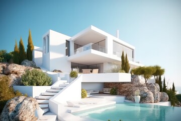modern house with a luxurious outdoor swimming pool in 3D rendering. Generative AI