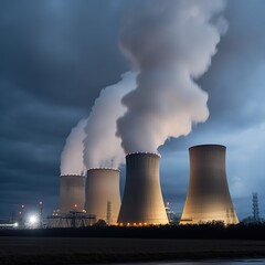 power plant cooling towers streaming on dark blue sky background. generative ai