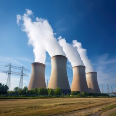 Power plant cooling towers steaming against a dark blue sky background. generative ai