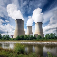 Power plant cooling towers steaming against a dark blue sky background. generative ai