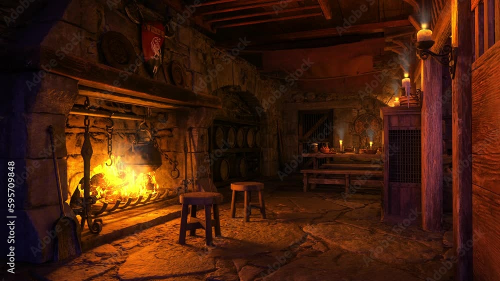Poster fireplace with burning fire in an old medieval tavern bar. candles flicker around the walls and on a