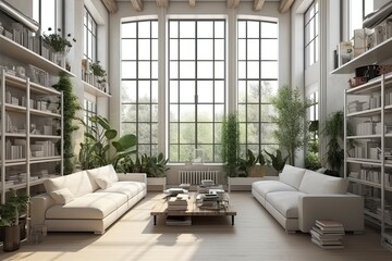 Fototapeta na wymiar modern living room with white furniture and minimalist decor. Generative AI