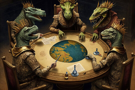 Reptilians sit at a round table with a world map, created with Generative AI technology