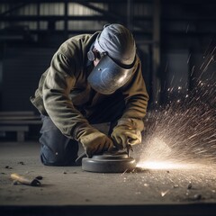 View of worker grinding a piece of metal. generative ai
