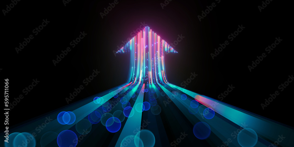 Poster 3d render, abstract neon arrow ascending. technological success concept. glowing colorful lines and 