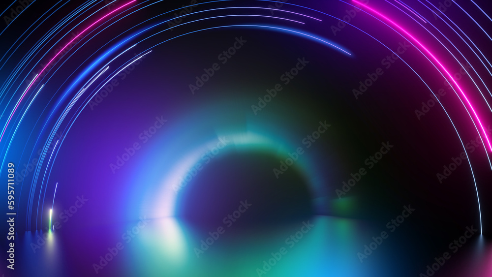 Canvas Prints 3d render, abstract black background with blurry neon lines, round arch and reflection