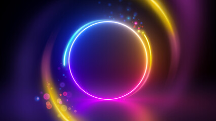 3d render, abstract neon background. Glowing neon ring, gradient light. Blank round frame