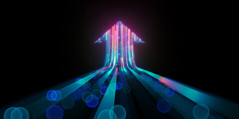 3d render, abstract neon arrow ascending. Technological success concept. Glowing colorful lines and bokeh lights - obrazy, fototapety, plakaty