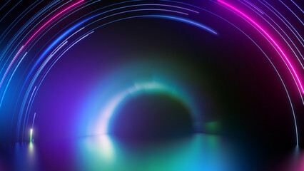 3d render, abstract black background with blurry neon lines, round arch and reflection