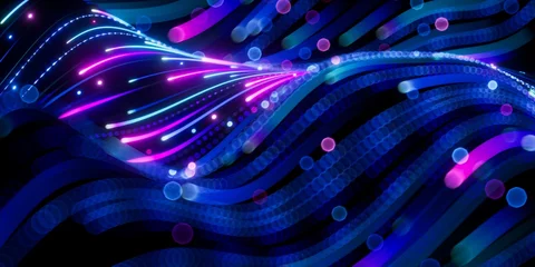 Fotobehang Abstracte Golf 3d render, abstract background with wavy glowing neon lines, wallpaper with ultraviolet waves  © NeoLeo