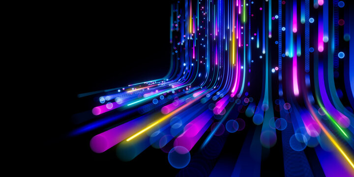 3d render, abstract colorful neon lines isolated on black background. Digital ultraviolet wallpaper