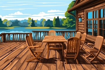 cozy outdoor wooden deck with a table and chairs. Generative AI