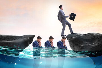 Inequal competition concept with businessman walking on heads
