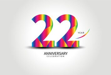 22 Year Anniversary Celebration Logo colorful vector, 22 Number Design, 22th Birthday Logo, Logotype Number, Vector Anniversary For Celebration, Invitation Card, Greeting Card. logo number Anniversary