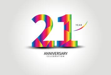 21 Year Anniversary Celebration Logo colorful vector, 21 Number Design, 21th Birthday Logo, Logotype Number, Vector Anniversary For Celebration, Invitation Card, Greeting Card. logo number Anniversary