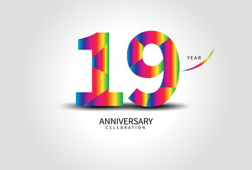 19 Year Anniversary Celebration Logo colorful vector, 19 Number Design, 19th Birthday Logo, Logotype Number, Vector Anniversary For Celebration, Invitation Card, Greeting Card. logo number Anniversary