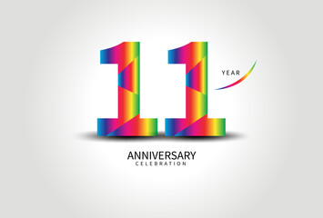 11 Year Anniversary Celebration Logo colorful vector, 11 Number Design, 11th Birthday Logo, Logotype Number, Vector Anniversary For Celebration, Invitation Card, Greeting Card. logo number Anniversary