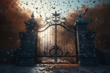 A charming gate with a heart design and flying heart illustrations. Generative AI