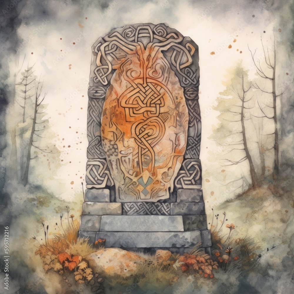 Poster a painting of a stone with a celtic design on it. ai generative image.