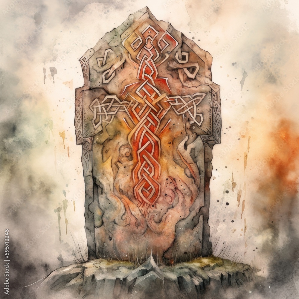 Poster a painting of a stone with a cross on it. ai generative image.