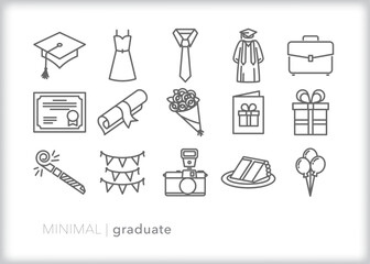Fototapeta na wymiar Set of graduate line icons of themes and items to celebrate a high school of college grad for commencement