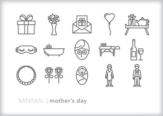 Set of Mother's Day line icons of themes, gifts, and activities to honor and celebrate mothers and grandmothers for the holiday
