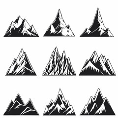 Mountain landscape element set. Summer mountains. Rocky mountains logo. Mountain peak silhouette. Rocky tourism icon. Rock mountain shape. Monochrome engraved rock ridge. Vector illustration.