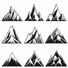 Mountain landscape element set. Summer mountains. Rocky mountains logo. Mountain peak silhouette. Rocky tourism icon. Rock mountain shape. Monochrome engraved rock ridge. Vector illustration.