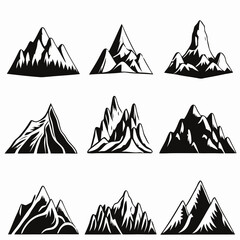 Mountain landscape element set. Summer mountains. Rocky mountains logo. Mountain peak silhouette. Rocky tourism icon. Rock mountain shape. Monochrome engraved rock ridge. Vector illustration.