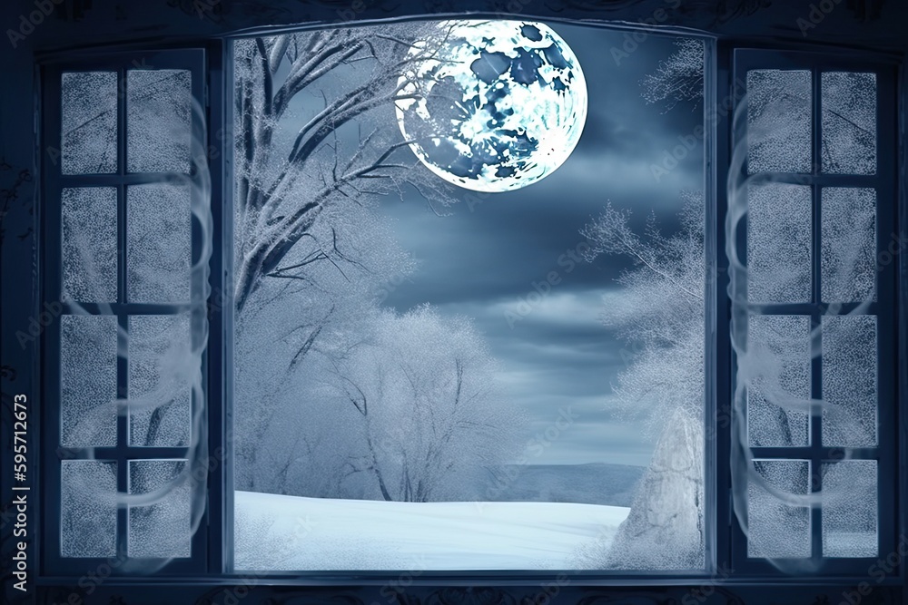 Poster full moon shining through an open window at night. generative ai