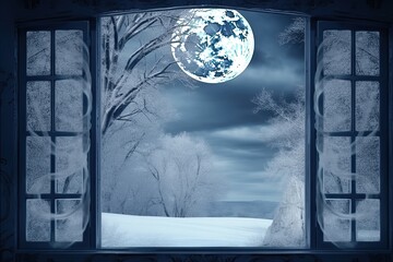 full moon shining through an open window at night. Generative AI