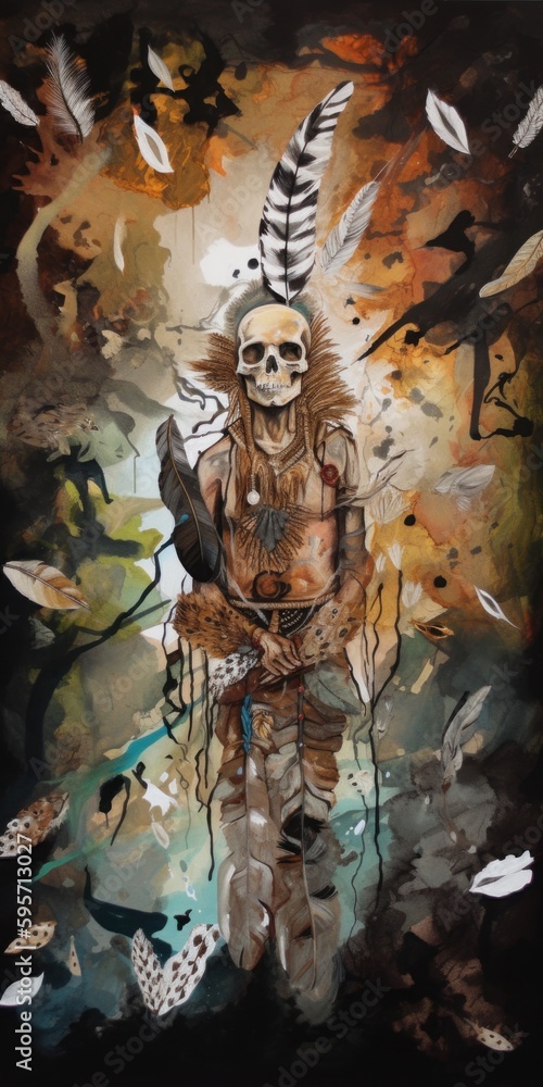 Poster a painting of a man with a skull and feathers. ai generative image.