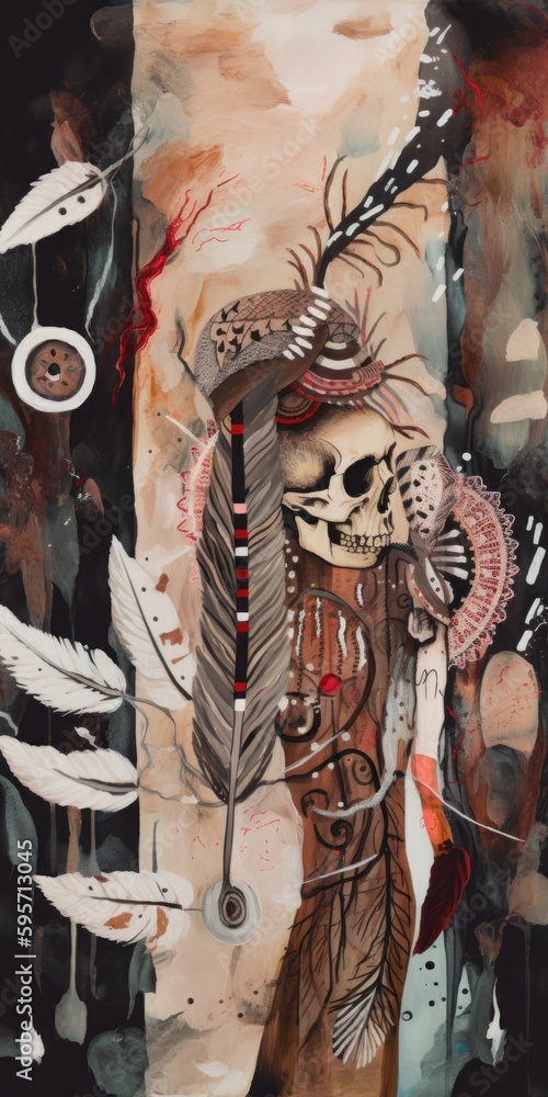 Poster a painting of a skeleton with feathers on it. ai generative image.