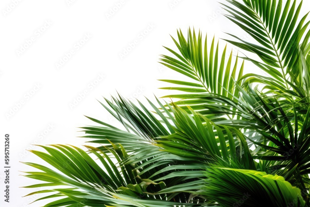 Poster close up of a palm tree on a blank white background. Generative AI