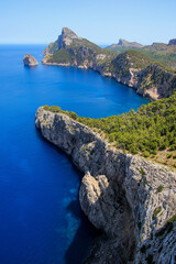 Cape Formentor seen from the viewpoint of Es Colomer in the north of Mallorca in the Balearic Islands, Spain