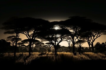 Fototapeta na wymiar Silhouetted savanna trees on clear background. Generative AI