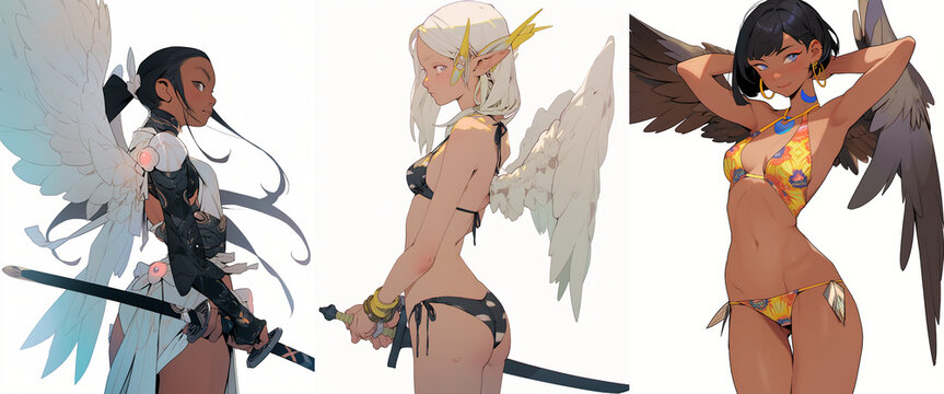 Various anime angels girls in a bikini. Characters on white background, collection.