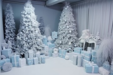 Fototapeta na wymiar Festive Room with White Christmas Trees and Presents. Generative AI