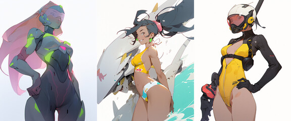 Various anime mecha and gundam girls with animals. Futuristic illustration. Characters on white background, collection.
