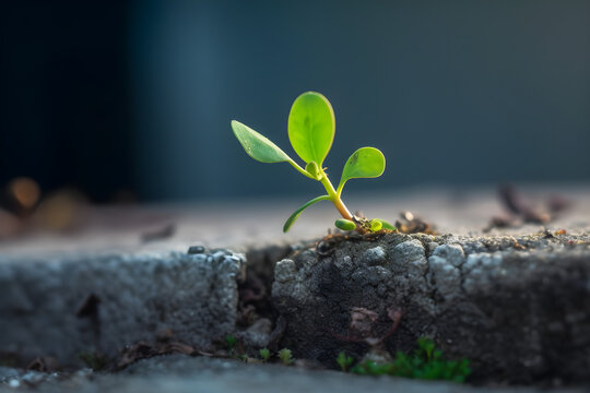 Close-up of a sprout growing from a road stone brick. Generative AI.  - Powered by Adobe