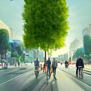 15 minute city concept, walking city town planning idea, limiting car use showing people walking and riding bikes illustration style