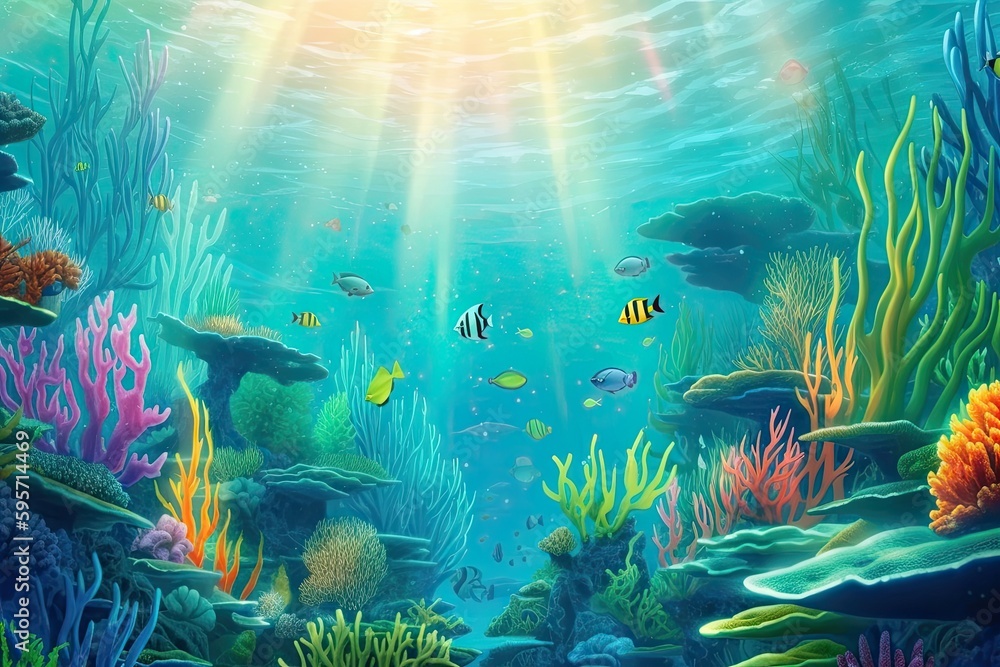 Wall mural an underwater world with vibrant corals and tropical fish. Generative AI - Wall murals