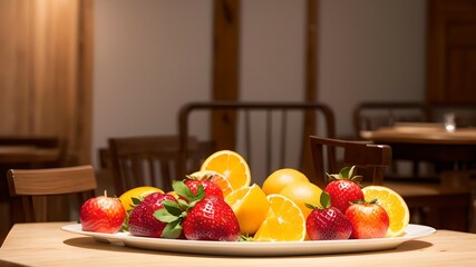 plate of fruit on the table at cafe