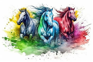 three galloping horses in a picturesque field. Generative AI