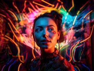 Fototapeta na wymiar A woman in a dark room with neon lights. AI generative image.