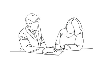 Continuous one line drawing male agent offers life insurance to woman. Insurance concept. Single line draw design vector graphic illustration.
