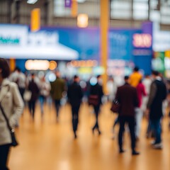 Background of an expo with blurred individuals, generative AI