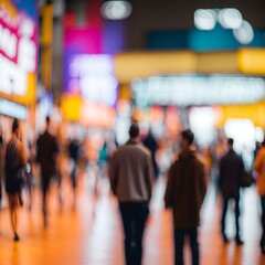 Background of an expo with blurred individuals, generative AI