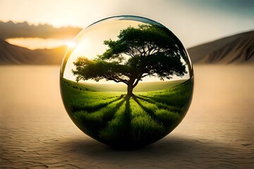 green nature in a glass ball in a dry desert, Generative AI